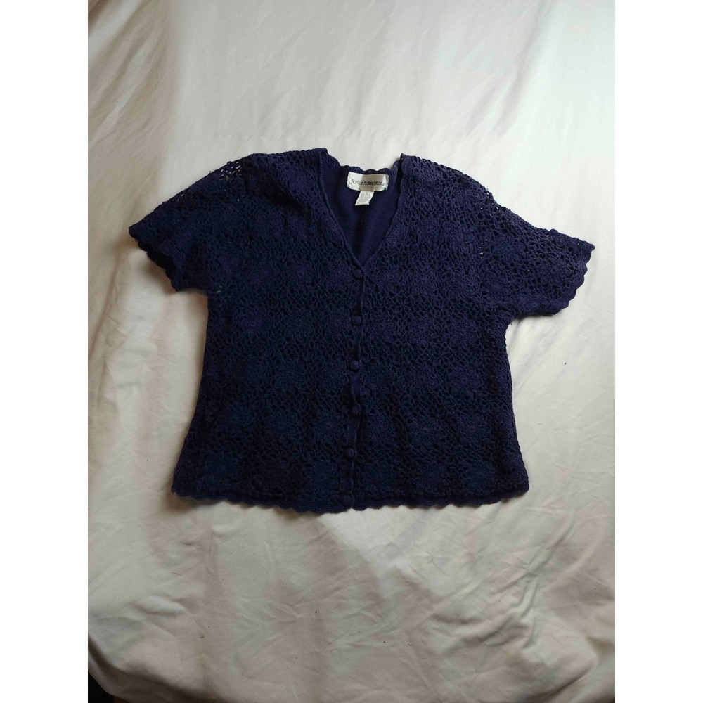 Norton McNaughton Cardigan Sweater Womens L Blue Vintage Open‎ Knit Crochet Y2K